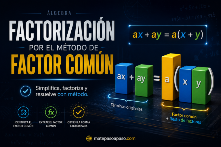 factorización por el método de factor común con diseño moderno y fondo azul oscuro tecnológico. A la izquierda destaca el título grande “Factorización por el Método de Factor Común”. A la derecha se muestra una representación visual en bloques 3D de la expresión algebraica ax + ay = a(x + y), donde el factor común se extrae y se agrupan los términos restantes. Elementos luminosos, fórmulas algebraicas sutiles y una composición estilo editorial científica refuerzan el aprendizaje visual. En la parte inferior aparece la marca matepasoapaso.com.