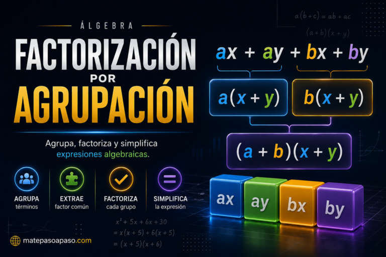 Factorización por agrupación con diseño moderno y fondo azul oscuro tecnológico. A la izquierda destaca el título grande “Factorización por Agrupación”. A la derecha se representa visualmente el proceso algebraico ax + ay + bx + by → a(x + y) + b(x + y) → (a + b)(x + y) mediante bloques 3D de colores y diagramas de agrupación. En la parte inferior aparecen pasos resumidos del método: agrupar términos, extraer factor común, factorizar cada grupo y simplificar la expresión. El diseño incorpora efectos luminosos, fórmulas algebraicas y la marca matepasoapaso.com.