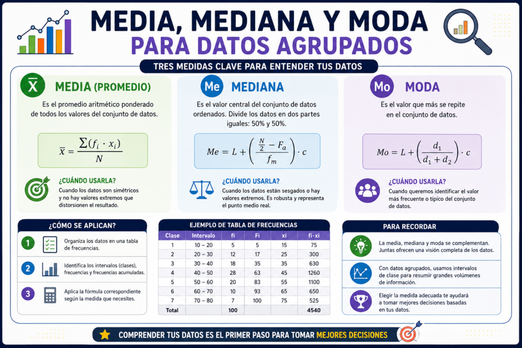 Media, mediana y moda para datos agrupados explicadas paso a paso con ejemplos, tabla de frecuencias y fórmulas estadísticas para el análisis de datos y la toma de decisiones.