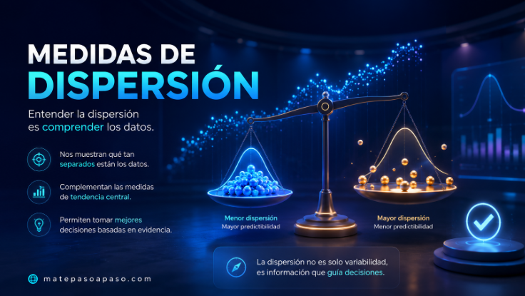 Medidas de dispersión,estadística representadas mediante una comparación visual entre datos agrupados y dispersos, destacando la importancia de la variabilidad para analizar conjuntos de datos y tomar decisiones informadas.