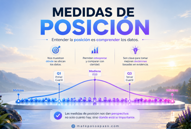 medidas de posición en estadística con una distribución de datos representada sobre un paisaje natural de montañas y lago, destacando el mínimo, los cuartiles, la mediana y el máximo para comprender la ubicación relativa de los datos.