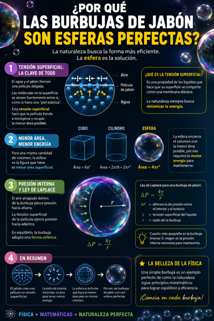 Curiosidades matemáticas: Póster educativo sobre por qué las burbujas  son esferas perfectas, con diagramas de tensión superficial, comparaciones geométricas entre cubo, cilindro y esfera, ecuaciones físicas y explicaciones visuales de la ley de Laplace.
