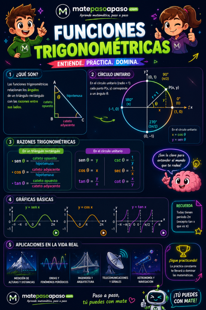 Funciones trigonométricas que resume el círculo unitario, las razones seno, coseno y tangente, sus gráficas y aplicaciones reales mediante un diseño visual futurista con estilo interactivo y branding de matepasoapaso.com.