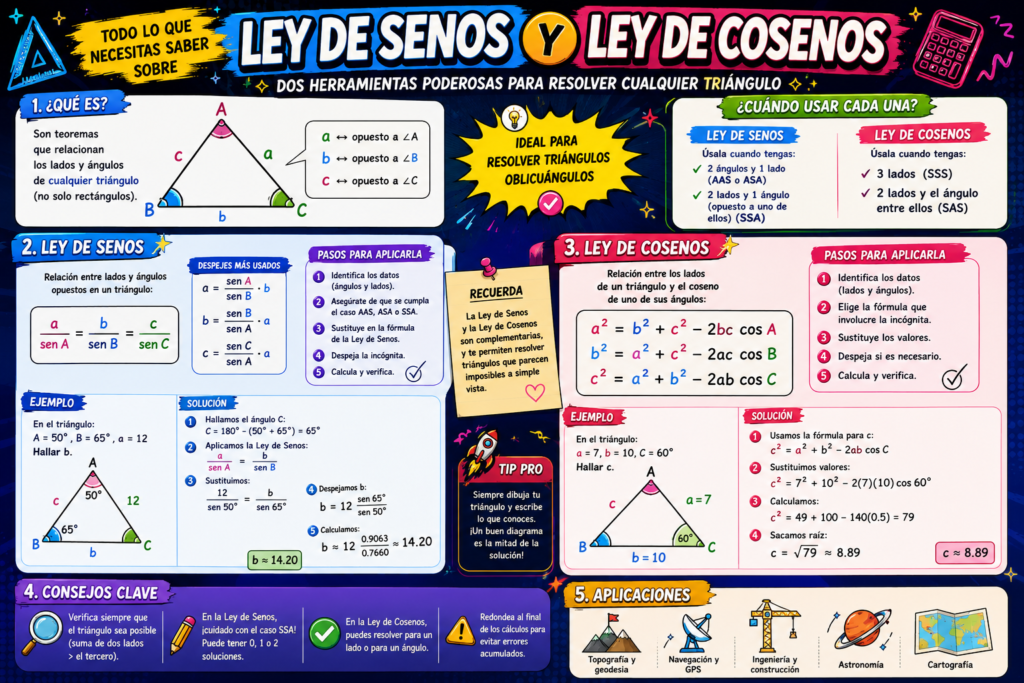 Ley de Senos y la Ley de Cosenos, con explicaciones, fórmulas, ejemplos resueltos, pasos de aplicación, consejos clave y aplicaciones prácticas, presentada en un diseño dinámico y llamativo con ilustraciones de triángulos y elementos matemáticos.