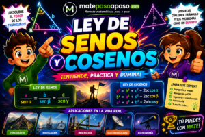 Ley de senos y Ley de cosenos con estilo animado y colores neón que muestra triángulos iluminados, fórmulas destacadas y aplicaciones reales en navegación, topografía, ingeniería y astronomía