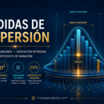 Medidas de dispersión en estadística que muestra una distribución de datos con histograma y curva de campana, destacando conceptos como rango, varianza, desviación estándar y coeficiente de variación. La ilustración representa visualmente cómo se dispersan los datos respecto a la media. Diseño moderno en tonos azul y dorado con estilo científico y tecnológico.