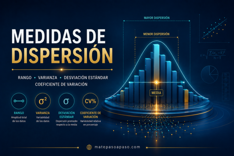 Medidas de dispersión en estadística que muestra una distribución de datos con histograma y curva de campana, destacando conceptos como rango, varianza, desviación estándar y coeficiente de variación. La ilustración representa visualmente cómo se dispersan los datos respecto a la media. Diseño moderno en tonos azul y dorado con estilo científico y tecnológico.