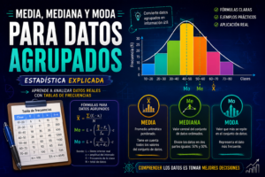 nfografía sobre media, mediana y moda para datos agrupados, con tabla de frecuencias, histogramas y fórmulas estadísticas que explican cómo calcular y analizar medidas de tendencia central.