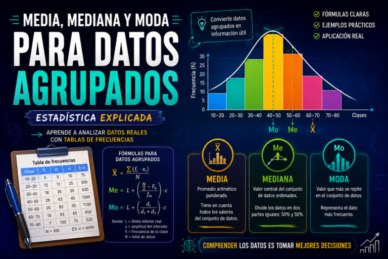 nfografía sobre media, mediana y moda para datos agrupados, con tabla de frecuencias, histogramas y fórmulas estadísticas que explican cómo calcular y analizar medidas de tendencia central.