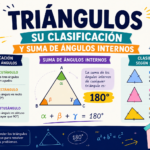 Clasificación de los triángulos por lados y ángulos, junto con la explicación de la suma de sus ángulos internos, representada mediante diagramas, ejemplos y aplicaciones prácticas de geometría.