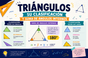 Clasificación de los triángulos por lados y ángulos, junto con la explicación de la suma de sus ángulos internos, representada mediante diagramas, ejemplos y aplicaciones prácticas de geometría.