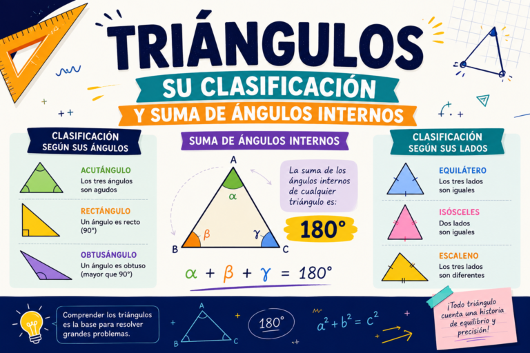 Clasificación de los triángulos por lados y ángulos, junto con la explicación de la suma de sus ángulos internos, representada mediante diagramas, ejemplos y aplicaciones prácticas de geometría.