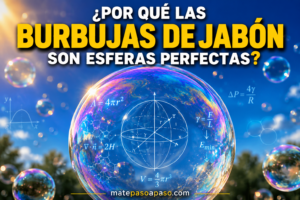 ¿Por qué las burbujas son esferas perfectas? Ilustración de una burbuja de jabón esférica con reflejos iridiscentes y fórmulas matemáticas en su interior, explicando por qué las burbujas adoptan una forma de esfera perfecta según los principios de la física y la geometría.
