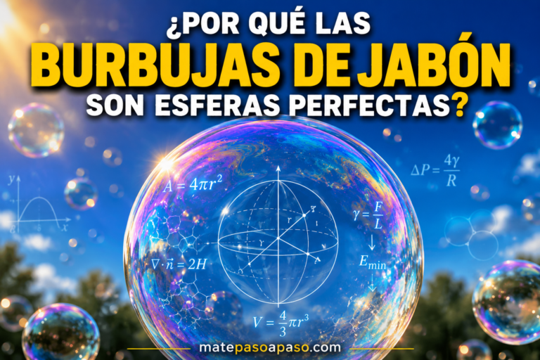 ¿Por qué las burbujas son esferas perfectas? Ilustración de una burbuja de jabón esférica con reflejos iridiscentes y fórmulas matemáticas en su interior, explicando por qué las burbujas adoptan una forma de esfera perfecta según los principios de la física y la geometría.