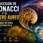 La sucesión de Fibonacci y el número áureo, mostrando la espiral áurea, la fórmula de φ, patrones en la naturaleza y su relación con las matemáticas, el arte y la geometría.