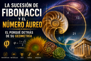La sucesión de Fibonacci y el número áureo, mostrando la espiral áurea, la fórmula de φ, patrones en la naturaleza y su relación con las matemáticas, el arte y la geometría.
