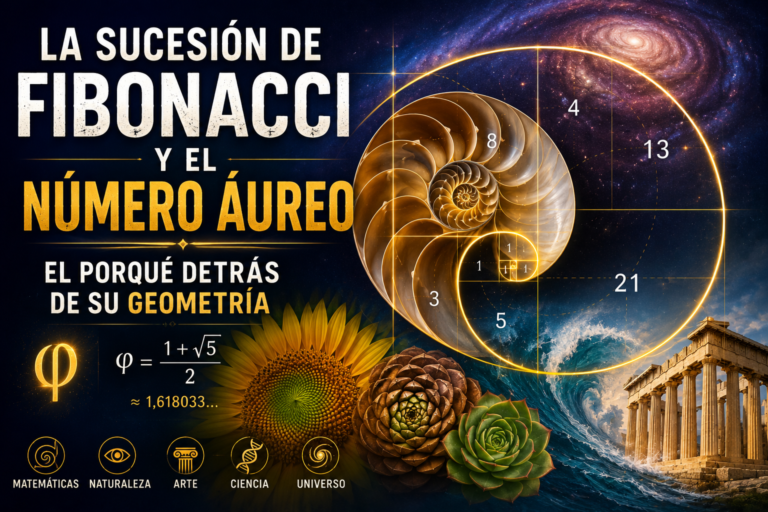 La sucesión de Fibonacci y el número áureo, mostrando la espiral áurea, la fórmula de φ, patrones en la naturaleza y su relación con las matemáticas, el arte y la geometría.
