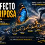 El efecto mariposa, que muestra cómo pequeñas causas pueden generar grandes consecuencias, ilustrada con una mariposa, un tornado y conceptos de la teoría del caos desarrollada por Edward Lorenz.