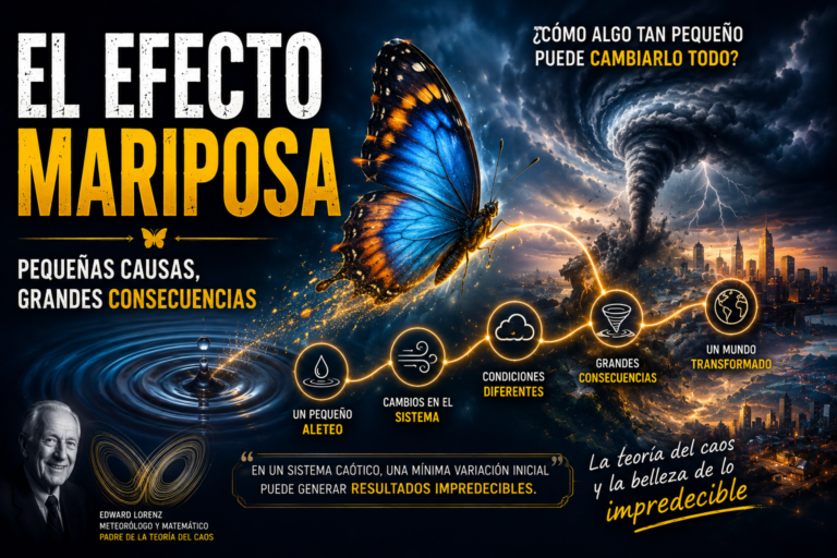 El efecto mariposa, que muestra cómo pequeñas causas pueden generar grandes consecuencias, ilustrada con una mariposa, un tornado y conceptos de la teoría del caos desarrollada por Edward Lorenz.