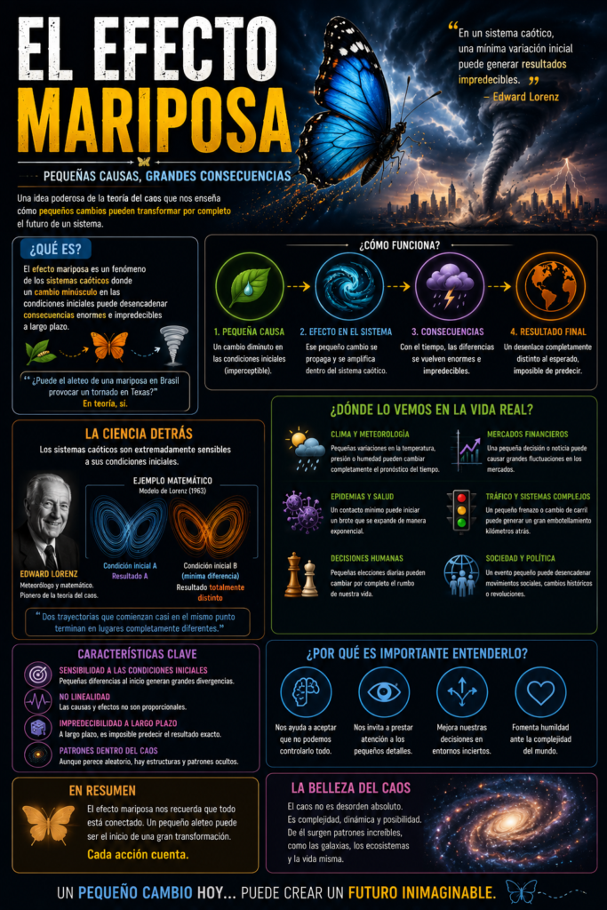 El efecto mariposa, infografía que explica cómo pequeñas variaciones en las condiciones iniciales pueden generar grandes consecuencias, mostrando la teoría del caos, el modelo de Lorenz y ejemplos en el clima, la sociedad y la vida cotidiana.