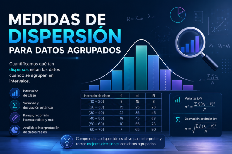 medidas de dispersión para datos agrupados con histograma, distribución de frecuencias y fórmulas estadísticas, diseñada para explicar la varianza, desviación estándar y otras medidas de variabilidad en conjuntos de datos agrupados.