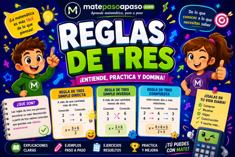 Reglas de tres para primaria que explica de forma visual la regla de tres simple directa, inversa y compuesta mediante personajes ilustrados, ejemplos paso a paso y elementos interactivos