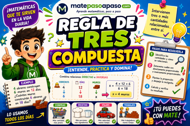 Regla de tres compuesta para niños con personajes animados, colores vibrantes y ejemplos cotidianos que enseñan cómo relacionar varias cantidades mediante pasos visuales y actividades prácticas, con branding de matepasoapaso.com.