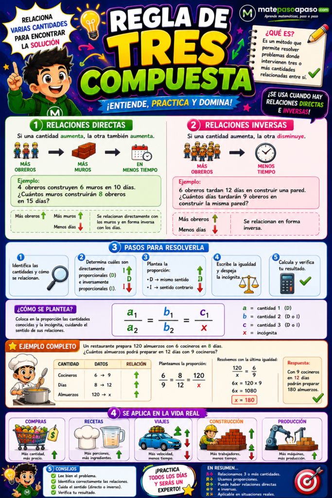 Regla de tres compuesta que enseña cómo resolver problemas con varias cantidades relacionadas mediante ejemplos visuales, relaciones directas e inversas, pasos guiados y aplicaciones cotidianas, con diseño infantil y branding de matepasoapaso.com.