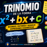 Trinomio de la forma x² + bx + c con diseño moderno y estilo miniatura premium sobre fondo azul oscuro con efectos luminosos. En el centro destaca el título grande “Trinomio de la forma x² + bx + c” con tipografía 3D y colores intensos.