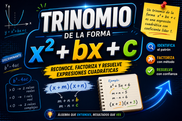 Trinomio de la forma x² + bx + c con diseño moderno y estilo miniatura premium sobre fondo azul oscuro con efectos luminosos. En el centro destaca el título grande “Trinomio de la forma x² + bx + c” con tipografía 3D y colores intensos.