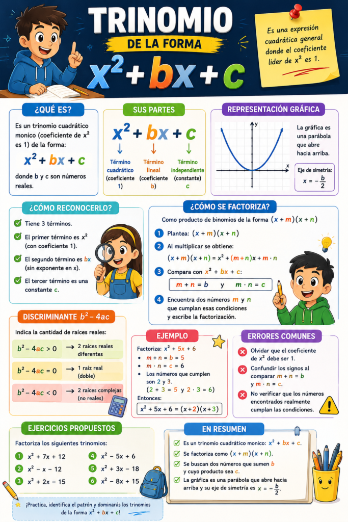 Factorizar, trinomio de la forma x² + bx + c con diseño animado y colores vibrantes sobre fondo azul. En la parte superior destaca el título principal acompañado por personajes ilustrados estilo caricatura y una nota explicativa sobre expresiones cuadráticas con coeficiente