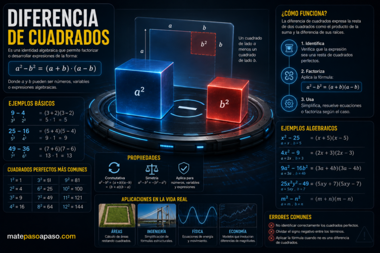 Diferencia de cuadrados con diseño editorial futurista y fondo azul oscuro de estilo tecnológico. A la izquierda destaca el título grande “Diferencia de Cuadrados” acompañado de la explicación “La identidad algebraica que transforma restas de cuadrados en productos” y la fórmula a² − b² = (a − b)(a + b). A la derecha se muestran dos cubos de cristal 3D iluminados, uno azul con a² y otro rojo con b², conectados por una trayectoria luminosa que representa la transformación algebraica hacia la factorización. En la parte inferior aparecen iconos que resaltan las ventajas del método: simple, rápido y útil, junto con la identidad factorizada (a − b)(a + b) y la marca matepasoapaso.com.