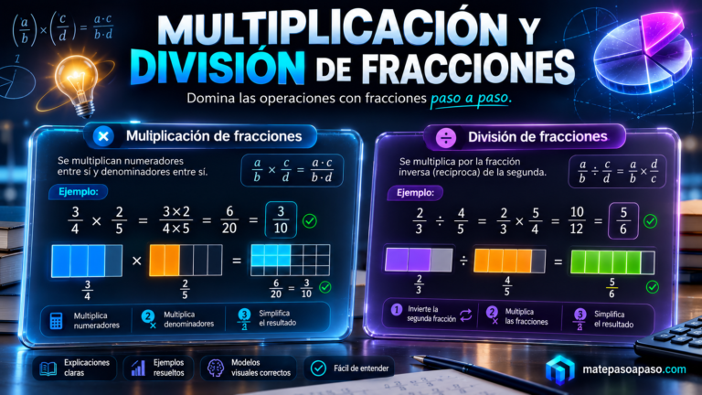 multiplicación y división de fracciones con ejemplos paso a paso, modelos visuales de cuadrículas rectangulares correctamente proporcionadas, fórmulas matemáticas y paneles holográficos sobre un fondo tecnológico azul oscuro, acompañada del título "Multiplicación y División de Fracciones"