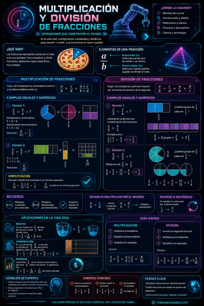 Multiplicación y división de fracciones con diseño futurista y tecnológico, que explica los conceptos fundamentales, las reglas de cada operación, ejemplos resueltos paso a paso, representaciones gráficas, simplificación de resultados, aplicaciones en la vida real y errores comunes