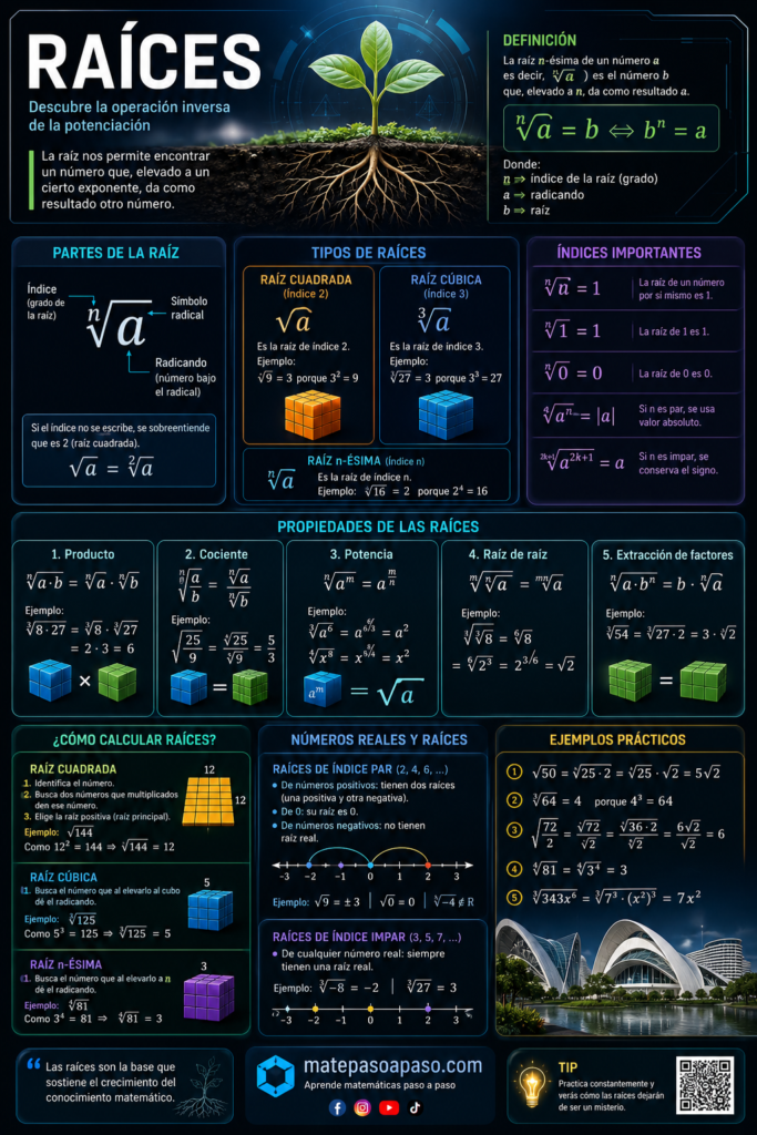 Raíces  cuadradas matemáticas con diseño futurista y realista. Explica la definición de raíz n-ésima, las partes del símbolo radical, los tipos de raíces (cuadrada, cúbica y n-ésima), sus propiedades, reglas de cálculo, ejemplos resueltos y la relación entre las raíces y los números reales mediante gráficos, ilustraciones tridimensionales y una imagen central de una planta con sus raíces como representación visual del concepto.