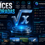 Raíces cuadradas con un gran símbolo de raíz holográfico iluminado en el centro, ejemplos resueltos, propiedades matemáticas, representación geométrica y aplicaciones en arquitectura, ingeniería, física y tecnología, todo sobre un fondo tecnológico azul oscuro con el título "Raíces Cuadradas".