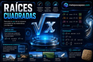 Raíces cuadradas con un gran símbolo de raíz holográfico iluminado en el centro, ejemplos resueltos, propiedades matemáticas, representación geométrica y aplicaciones en arquitectura, ingeniería, física y tecnología, todo sobre un fondo tecnológico azul oscuro con el título "Raíces Cuadradas".