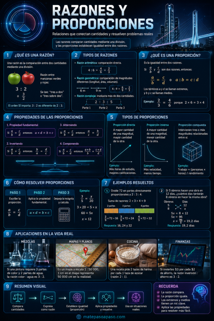 razones y proporciones con diseño futurista y tecnológico, que explica el concepto de razón y proporción, sus tipos, propiedades y aplicaciones, incluye ejemplos resueltos paso a paso, diagramas, gráficos comparativos y casos de uso en la vida real como mapas, cocina, mezclas, construcción y finanza.
