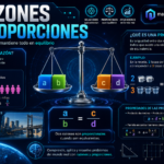 Razones y proporciones con una balanza 3D que simboliza el equilibrio entre magnitudes, ejemplos de razones y proporciones, fórmulas matemáticas, aplicaciones en recetas, escalas y mezclas, además de gráficos e interfaces holográficas sobre un fondo tecnológico azul oscuro con el título "Razones y Proporciones".