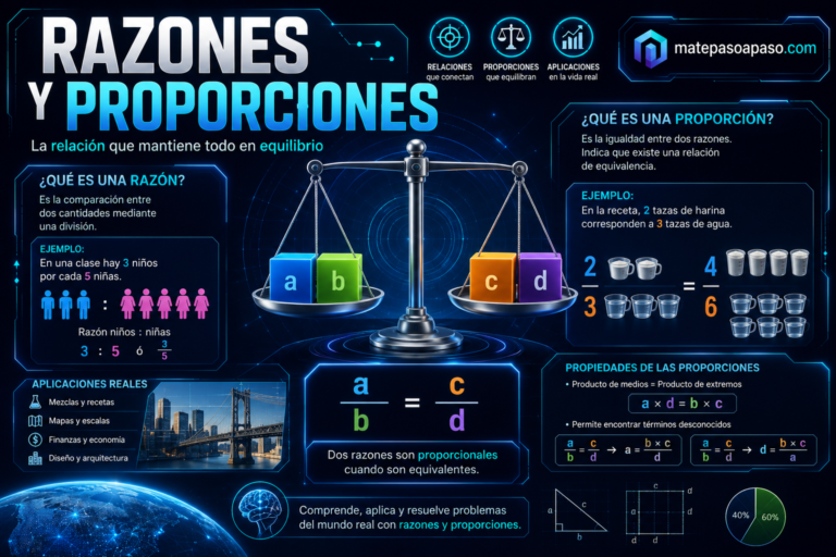 Razones y proporciones con una balanza 3D que simboliza el equilibrio entre magnitudes, ejemplos de razones y proporciones, fórmulas matemáticas, aplicaciones en recetas, escalas y mezclas, además de gráficos e interfaces holográficas sobre un fondo tecnológico azul oscuro con el título "Razones y Proporciones".