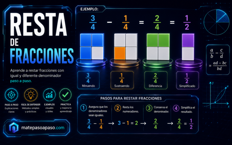 Restas de fracciones, portada con un ejemplo visual correcto de 3/4−1/4=2/4=1/2, representado mediante bloques cuadrados coloreados con precisión, paneles holográficos, fórmulas matemáticas y un diseño tecnológico en tonos azul, verde, naranja y morado sobre un fondo oscuro.