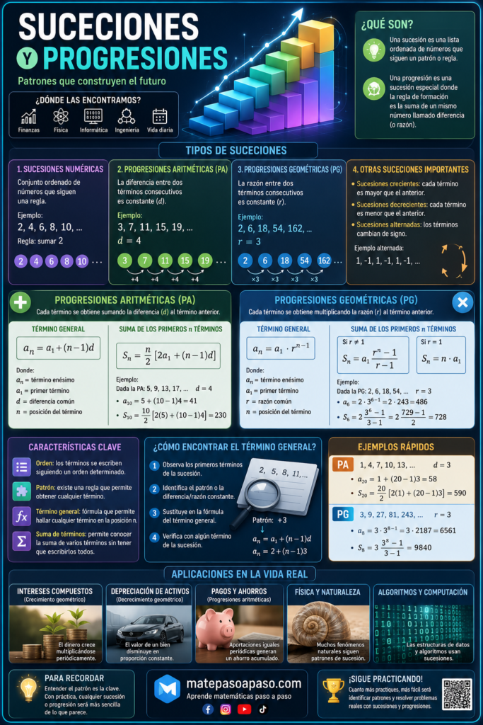 Sucesiones y progresiones, infografía matemáticas con diseño futurista y estilo realista. Presenta la definición de sucesiones, progresiones aritméticas y geométricas, sus fórmulas del término general y la suma de los primeros términos, características principales, ejemplos resueltos paso a paso y aplicaciones en la vida real, acompañados de ilustraciones tridimensionales, gráficos modernos y elementos visuales tecnológicos sobre un fondo oscuro.