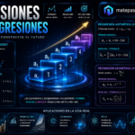 Sucesiones y progresiones con bloques escalonados iluminados que representan una secuencia creciente, fórmulas de progresiones aritméticas y geométricas, gráficos de crecimiento, aplicaciones en finanzas, arquitectura, tecnología, física y biología, todo sobre un fondo tecnológico azul oscuro con el título "Sucesiones y Progresiones"