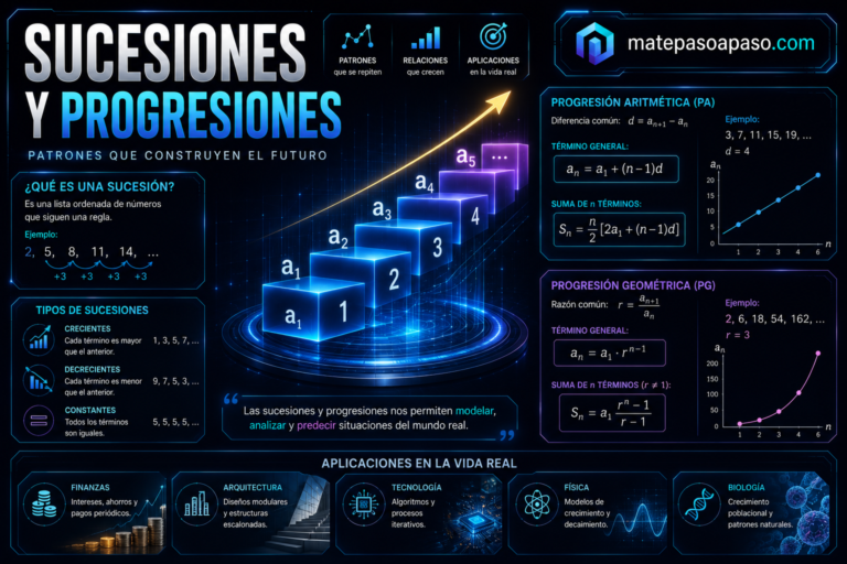 Sucesiones y progresiones con bloques escalonados iluminados que representan una secuencia creciente, fórmulas de progresiones aritméticas y geométricas, gráficos de crecimiento, aplicaciones en finanzas, arquitectura, tecnología, física y biología, todo sobre un fondo tecnológico azul oscuro con el título "Sucesiones y Progresiones"