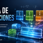 Sumas de fracciones, con bloques holográficos, diagramas circulares y barras fraccionarias luminosas que muestran la unión de varias fracciones en un resultado final, acompañada del título "Suma de Fracciones" sobre un fondo tecnológico azul oscuro.