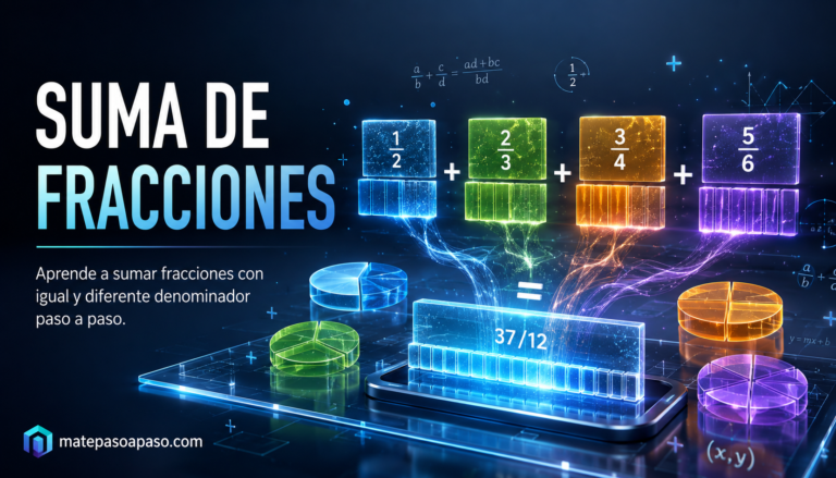 Sumas de fracciones, con bloques holográficos, diagramas circulares y barras fraccionarias luminosas que muestran la unión de varias fracciones en un resultado final, acompañada del título "Suma de Fracciones" sobre un fondo tecnológico azul oscuro.