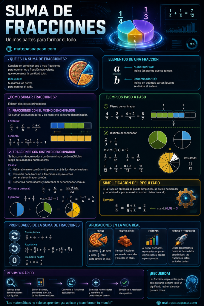 suma de fracciones con explicaciones paso a paso, conceptos fundamentales, ejemplos resueltos, representaciones gráficas, propiedades matemáticas y aplicaciones en la vida cotidiana, presentada con un diseño tecnológico en tonos azules y neón.