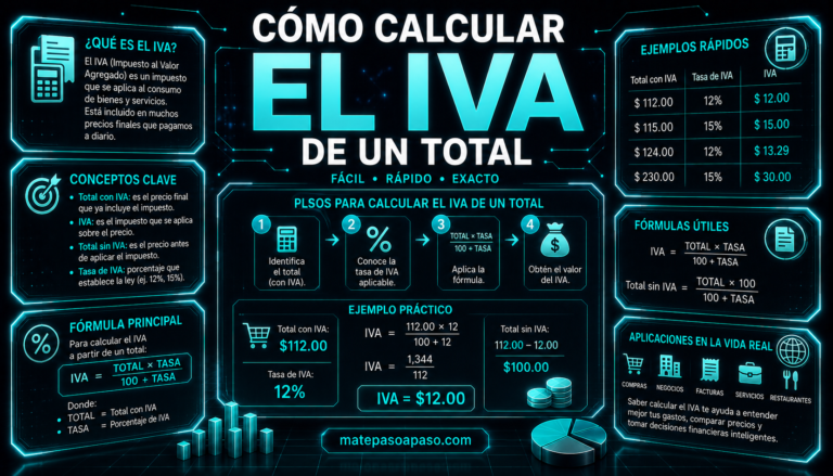 Cómo calcular el IVA de un total, con diseño futurista en tonos turquesa neón, fórmulas, pasos de cálculo, ejemplos prácticos, tablas de referencia y aplicaciones del IVA en compras, negocios y servicios.