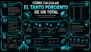 Cómo calcular el tanto por ciento de una cantidad, con diseño futurista en tonos turquesa neón, fórmula del porcentaje, pasos de cálculo, ejemplos prácticos, tabla de equivalencias, consejos y aplicaciones en la vida real.