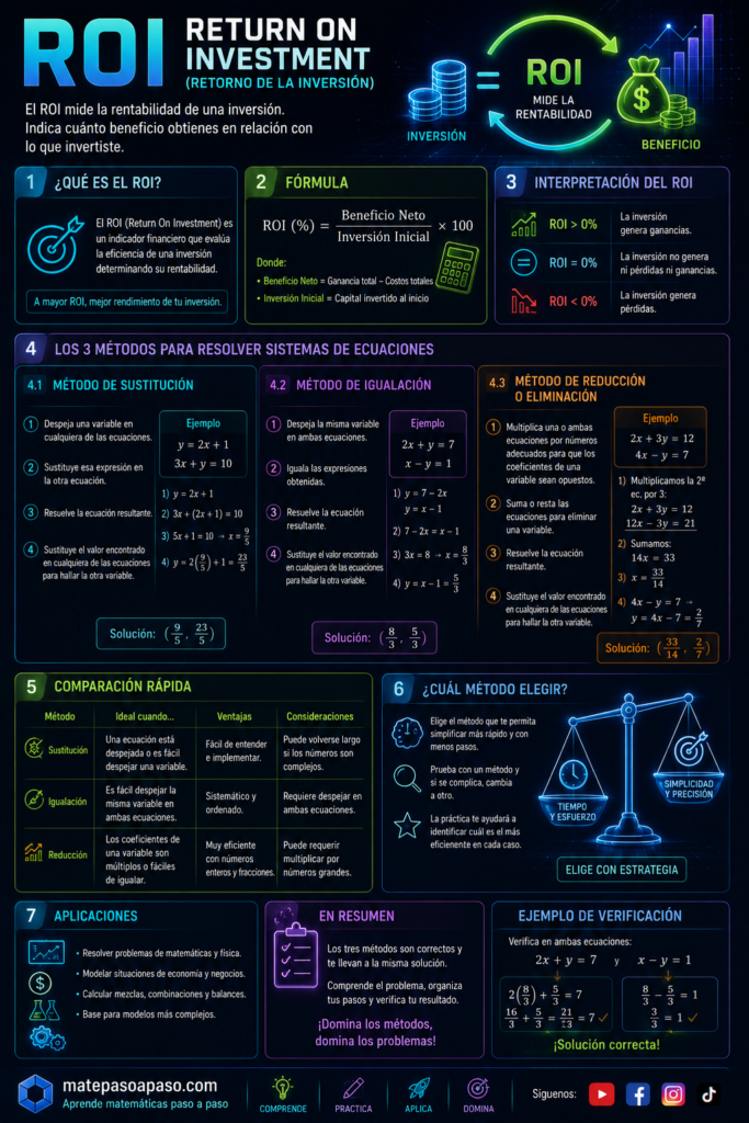 Qué es el ROI. Infografía educativa sobre el Return on Investment (ROI) o Retorno de la Inversión, que explica qué es este indicador financiero, su fórmula, cómo interpretar resultados positivos, nulos o negativos y ejemplos de cálculo. Incluye gráficos, iconos financieros, comparación de resultados, consejos para evaluar la rentabilidad y aplicaciones en la toma de decisiones, con un diseño moderno y futurista de fondo oscuro y efectos neón en tonos azul, verde, morado y naranja.